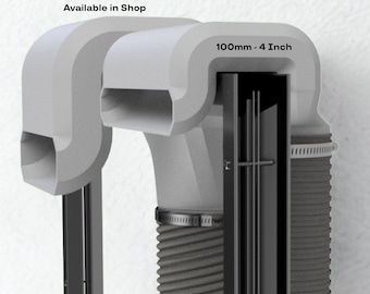 May include: A cross-section of a gray ventilation system with a flexible, corrugated pipe and a rigid, rectangular duct. The text reads "125mm - 5 Inch" and "100mm - 4 Inch". A metal clamp secures the pipe.