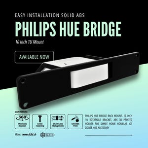 Philips Hue Bridge Rack Mount, 10 Inch 1U Rotatable Bracket, Solid ABS 3D Printed Holder for Smart Home Homelab IoT Zigbee Hub Accessory