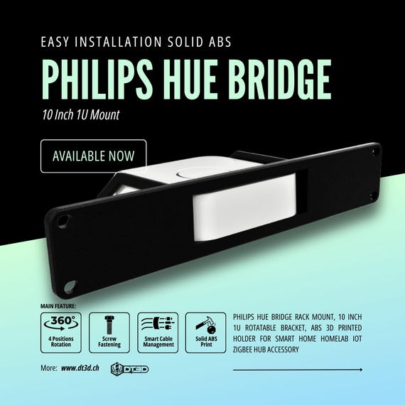 Philips Hue Bridge Rack Mount, 10 Inch 1U Rotatable Bracket, Solid
