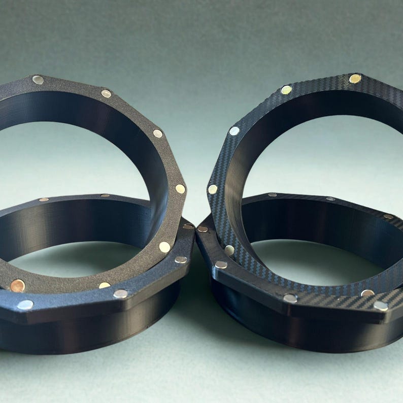 150mm magnetic duct connector ring for HVAC systems, CNC machine enclosures, and woodworking dust collection setups. Quick connect design with embedded magnets allows easy installation and duct changes without clamps or screws. Available in black ABS or white PETG, printed solid for high durability and long-term use.