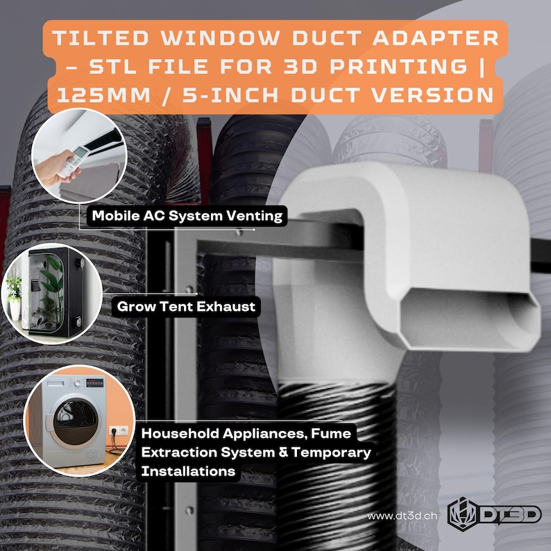Digital STL file set for a 3D printable window duct adapter designed for 125 mm / 5-inch ducts. Perfect for 3D printing enthusiasts and makers looking to create custom HVAC solutions at home. This file allows you to print your own vent adapter for windows, supporting efficient airflow management for exhaust, cooling, or heating systems. Ideal DIY project for hobbyists who enjoy practical, functional 3D printing designs.