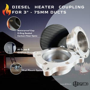 Könnte beinhalten: Eine silberne Diesel-Heizungs-Kupplung für 3 Zoll oder 75 mm Rohre. Die Kupplung hat eine Kappe aus Carbonfaser-Optik mit einer wasserdichten Dichtung und einem O-Ring. Die Kupplung hat auch eine Wandmontageoption.  DIESEL HEATER COUPLING FOR 3" - 75MM DUCTS. www.dt3d.ch DT3D