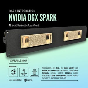 以下が含まれることがあります： NVIDIA DGX SPARK用の黒色の19インチ（48.26 cm）2Uラックマウント。デュアルマウントデザインと金色のアクセントが特徴です。画像には「NVIDIA DGX SPARK」と「AVAILABLE NOW」というテキストが表示されています。