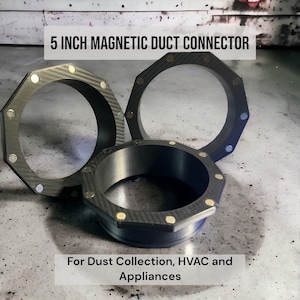 Op de afbeelding: Drie 12,7 cm magnetische kanaalconnectoren gemaakt van zwarte koolstofvezel met gouden accenten. De connectoren zijn ontworpen voor stofzuiging, HVAC en apparaten.