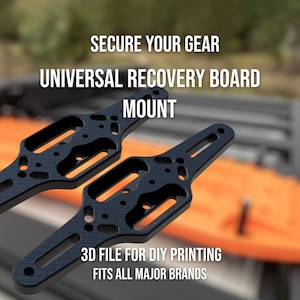 May include: Two black 3D printed mounts for a recovery board. The mounts are designed to fit all major brands of recovery boards. The text "SECURE YOUR GEAR" and "UNIVERSAL RECOVERY BOARD MOUNT" is printed in white on a black background. The text "3D FILE FOR DIY PRINTING" and "FITS ALL MAJOR BRANDS" is printed in white on a black background.