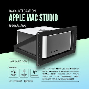 Puede incluir: Soporte de rack negro para Apple Mac Studio, soporte 3U de 25,4 cm. Cuenta con un diseño de marco abierto y suelo ranurado para ventilación. El texto "APPLE MAC STUDIO" y "AVAILABLE NOW" son visibles.