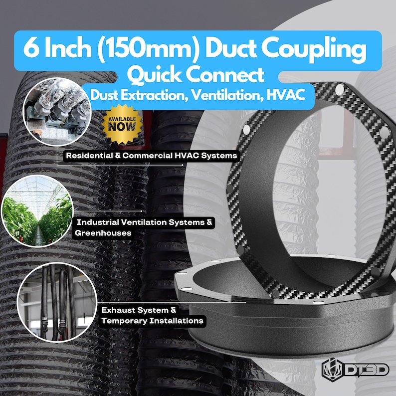 6 inch magnetic duct coupling for 150mm flexible ducting, designed for HVAC, grow tents, dust extraction, and workshop ventilation systems. Solid 3D printed PETG or ABS flange with strong magnetic connection for tool-free assembly and secure airflow sealing. Ideal for indoor or mobile duct setups where fast removal or reconfiguration is required.