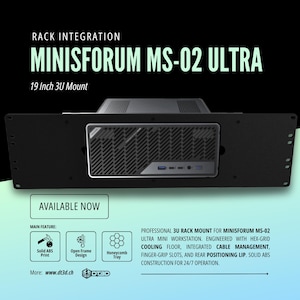 Könnte beinhalten: Schwarzer Rack-Mount für eine MiniForum MS-02 Ultra Mini-Workstation. Die Frontplatte hat ein Gitterdesign und einen USB-Anschluss. Der Text "MINISFORUM MS-02 ULTRA" und "19 Zoll 3U Mount" sind zu sehen. Merkmale sind ein solider ABS-Druck und ein offenes Rahmendesign.