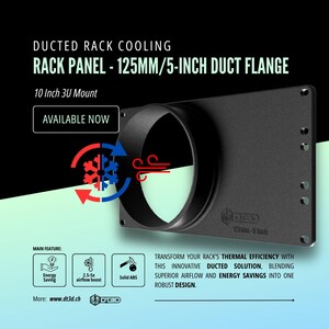 Puede incluir: Panel de rack negro con brida de conducto de 125 mm, diseñado para montaje 3U de 25,4 cm. El panel presenta el texto "DUCTED RACK COOLING" y "RACK PANEL - 125MM/5-INCH DUCT FLANGE". Incluye iconos de ahorro de energía, aumento del flujo de aire y ABS sólido.