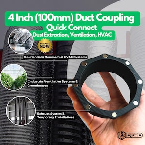 Puede incluir: Un acoplamiento de conducto de conexión rápida negro de 100 mm (4 pulgadas) con imanes. El acoplamiento está hecho de un material duradero y está diseñado para su uso en sistemas de extracción de polvo, ventilación y HVAC.