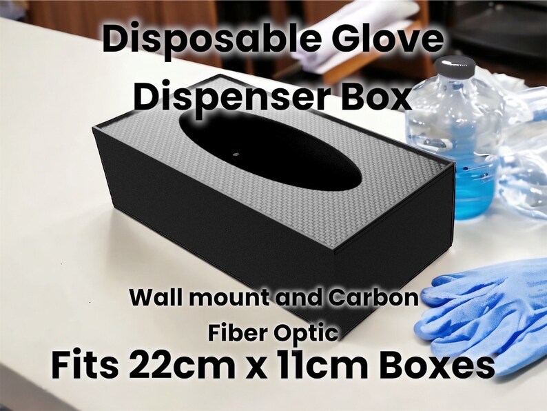 Carbon Fiber Glove Dispenser for 22x11x5.5cm boxes, showcasing a sleek, durable design. Ideal for both professional and home settings, it emphasizes eco-friendly and sustainable hygiene. Additive manufactured for quality and strength.