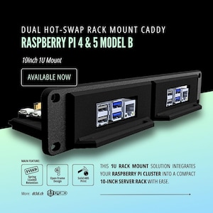 May include: Black dual hot-swap rack mount caddy for Raspberry Pi 4 & 5 Model B. The caddy is designed for a 10-inch 1U mount and features spring-loaded retention and an open-frame design. The text "AVAILABLE NOW" is displayed.
