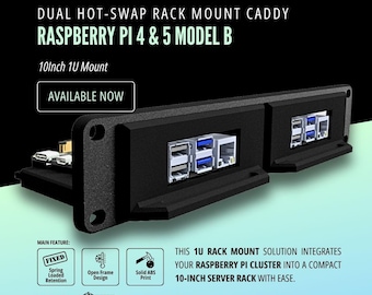 Könnte beinhalten: Schwarzer Dual-Hot-Swap-Rack-Mount-Caddy für Raspberry Pi 4 & 5 Modell B. Der Caddy ist für eine 10-Zoll (25,4 cm) 1U-Halterung konzipiert und verfügt über eine federbelastete Halterung und ein offenes Rahmendesign. Der Text "AVAILABLE NOW" wird angezeigt.