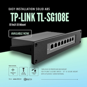Op de afbeelding: Een zwarte TP-LINK TL-SG108E netwerk switch rack mount met acht poorten. De tekst "EASY INSTALLATION SOLID ABS" en "10 Inch 1U Mount" zijn zichtbaar. Het product is gelabeld met "AVAILABLE NOW".