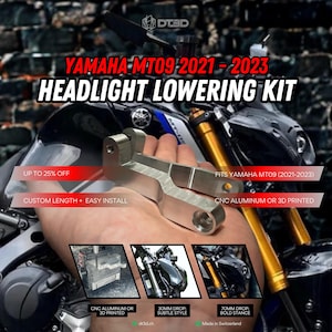 Kit d'abaissement de phare Yamaha MT09 70 mm – Compatible avec les modèles 2021, 2022 et 2023. Supports personnalisés usinés CNC ou imprimés en 3D, installation facile.
