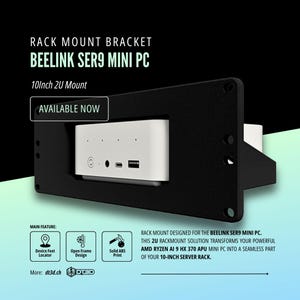 May include: Black rack mount bracket for a Beelink SER9 Mini PC. The bracket is designed for a 10-inch 2U mount and features a white mini PC. The text "AVAILABLE NOW" is displayed. The bracket is designed to transform the mini PC into a seamless part of a server rack.