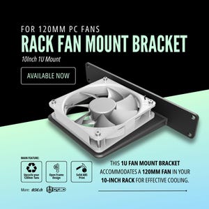 Peut inclure: Support de montage de ventilateur de rack blanc et gris pour ventilateurs de PC de 120 mm. Conçu pour un rack 1U de 25,4 cm, il présente une conception à cadre ouvert. Le texte « DISPONIBLE MAINTENANT » est affiché. Il accueille un ventilateur de 120 mm pour un refroidissement efficace.