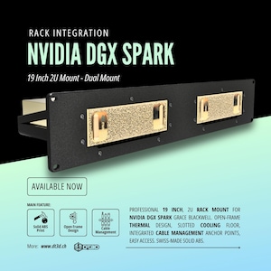Puede incluir: Soporte de rack negro de 48.26 cm 2U para NVIDIA DGX SPARK. Cuenta con un diseño de montaje doble con detalles dorados. Incluye texto: "NVIDIA DGX SPARK" y "AVAILABLE NOW". Incluye diseño de marco abierto y gestión de cables.
