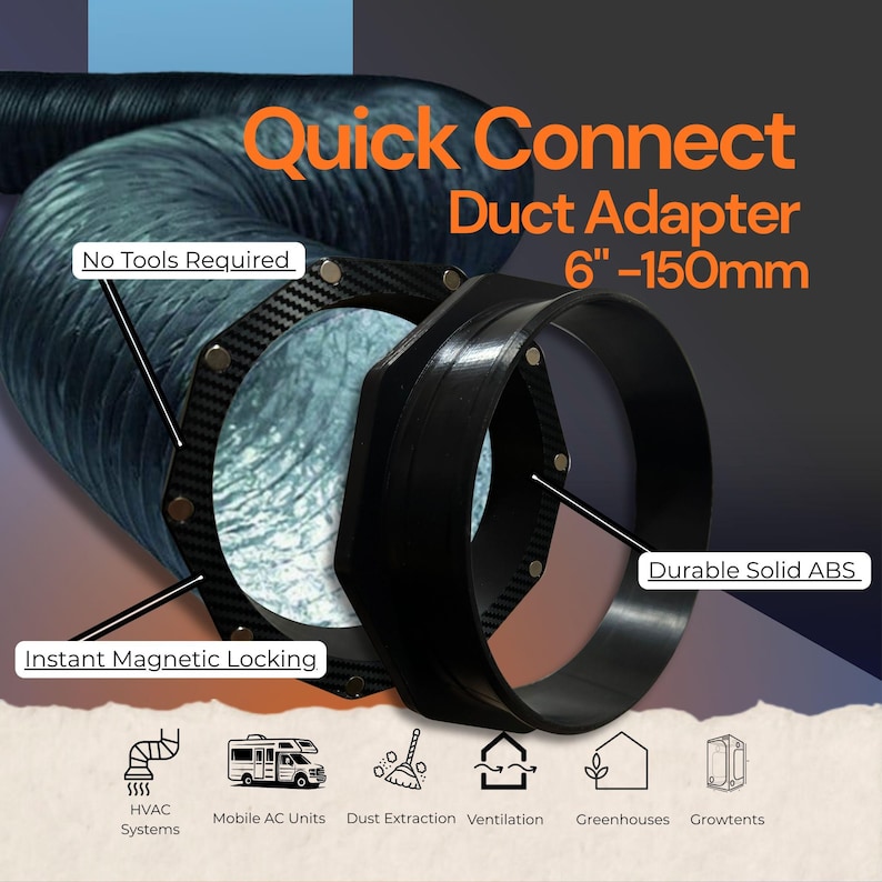 Industrial grade 6 inch magnetic duct coupling manufactured in Switzerland showing both halves separated with embedded neodymium magnets visible. 150mm quick connect HVAC adapter prints 100% solid in black ABS material for grow tent ventilation, CNC dust collection, workshop air filtration. Tool-free connection system with precision-fit flanges for airtight seal. Compatible with AC Infinity, VIVOSUN, CLOUDLINE inline fans and standard flexible ducting systems.