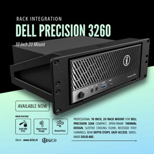 Könnte beinhalten: Schwarzer Rack-Mount für Dell Precision 3260, beschriftet mit "10 Inch 2U Mount". Das Bild enthält den Text "Available Now" und "Professioneller 10-Zoll-2U-Rack-Mount für Dell Precision 3260 compact."
