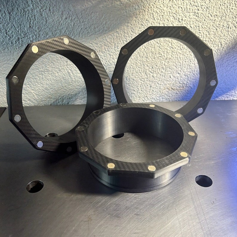150mm magnetic duct connector ring for HVAC systems, CNC machine enclosures, and woodworking dust collection setups. Quick connect design with embedded magnets allows easy installation and duct changes without clamps or screws. Available in black ABS or white PETG, printed solid for high durability and long-term use.