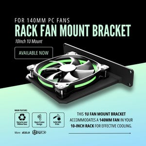 May include: Black rack fan mount bracket for 140mm PC fans. Designed for a 10-inch 1U rack, it features a fan with green LED lighting. The text "AVAILABLE NOW" is displayed. The bracket is made of solid ABS plastic. The fan is 14 cm.