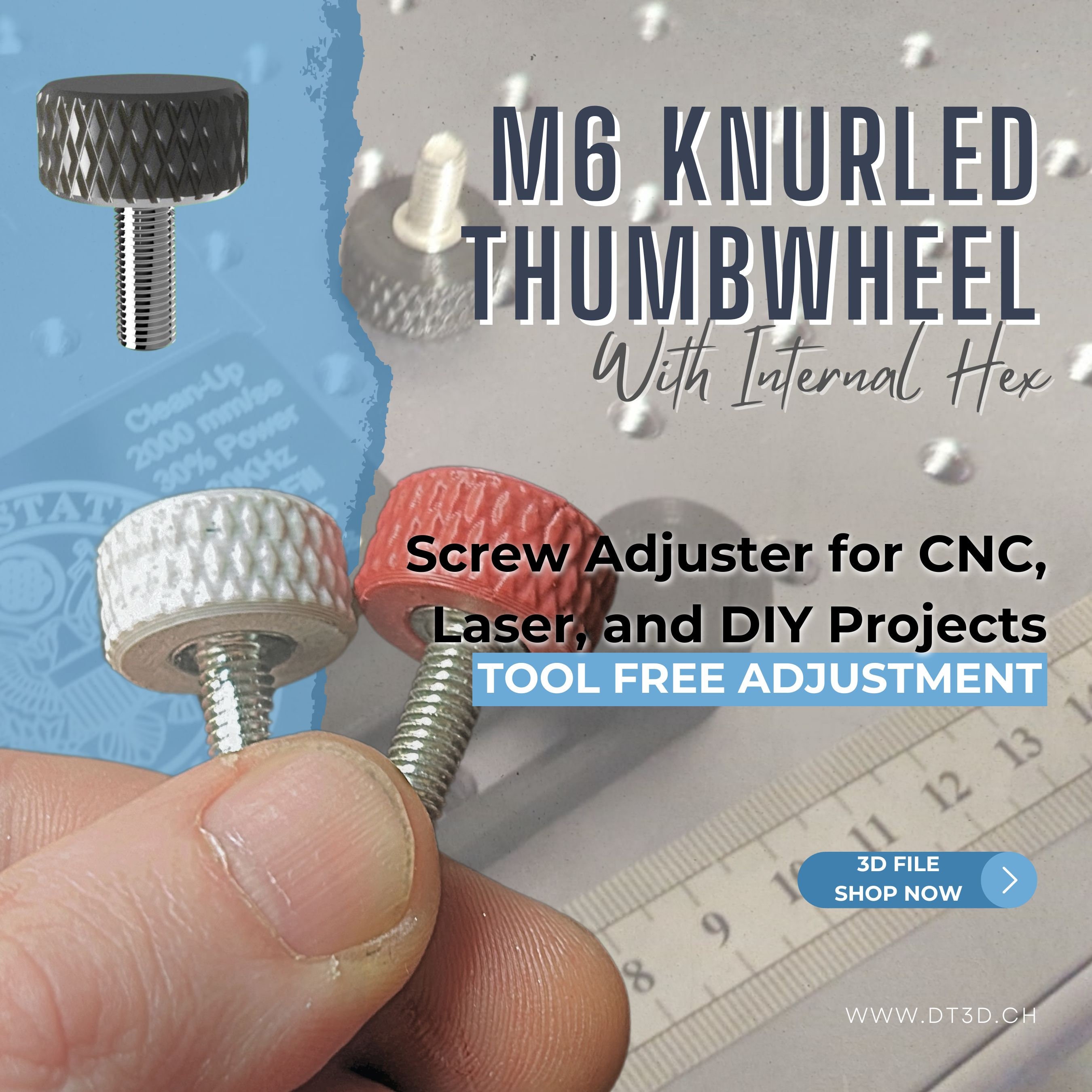 M6 ローレット付きサムホイール、内部六角付き | CNC、レーザー、DIY プロジェクト向けの工具不要の 3D 印刷可能なネジ調整器