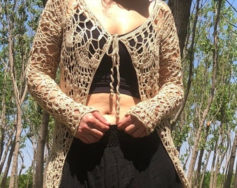 Boho Crochet Cardigan: Handmade Lace Cotton Knit Spring Sweater