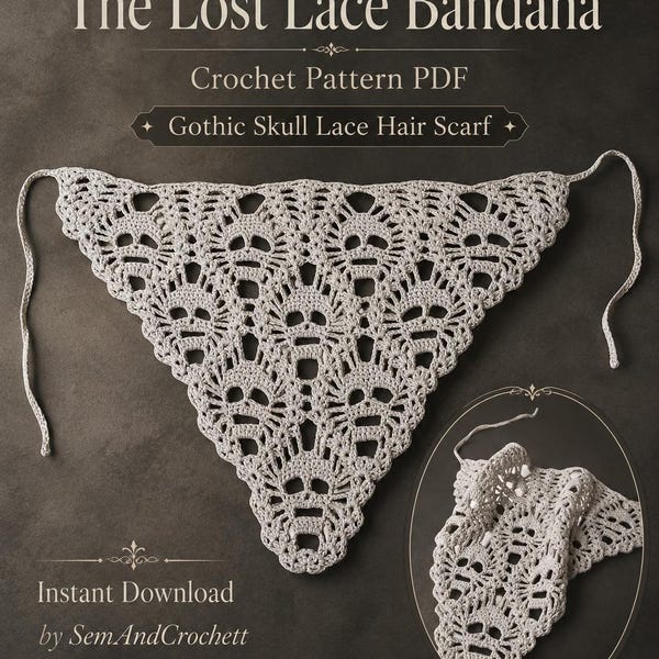 Crochet Skull Bandana Pattern PDF, Goth Hair Scarf, Boho Triangle Head Kerchief Crochet Lace Neckerchief, Digital Download