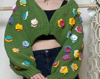 Leilayca Purple Roses Cardigan , Chunky Cropped Cardigan for