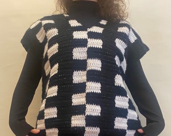 Wednesday Addams Crochet Sweater Vest. Black and White Check Crocheted VEST, Crochet Checkered Vest