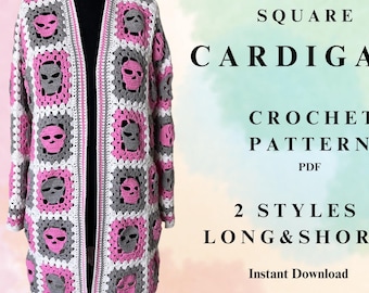 Patrón de ganchillo para cárdigan cuadrado con calavera gótica estilo abuela (PDF), ropa alternativa, 2 estilos