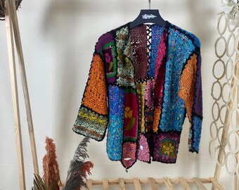 Multicolor Granny Square Crochet Cardigan - Floral Boho Hippie Style, Authentic Handmade Short Bohemian Jacket, Artisan Knitwear