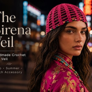 May include: A bright pink crochet hair veil featuring a grid-like pattern and small multicolored beads along the bottom edge. The text on the image reads: The Sirena Veil, Handmade Crochet Hair Veil, Boho, Summer, Beach Accessory.