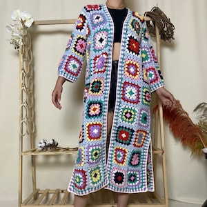 Vibrant Blue Granny Square Cardigan - Unique Crochet Jacket, Handmade Boho Jacket in Vibrant Blue Crochet Granny Squares