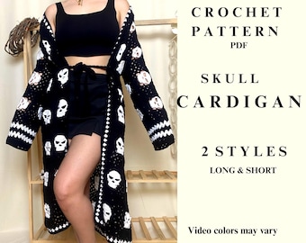 Skull Granny Square Crochet Cardigan Pattern (PDF), Gothic Sweater, Long Short Styles (Instant Download)