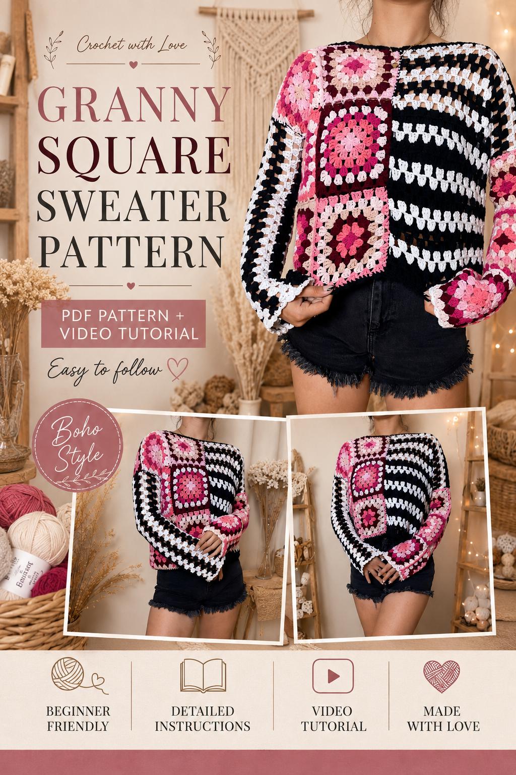 Crochet Granny Square Sweater Pattern | Boho Patchwork Pullover (PDF ...