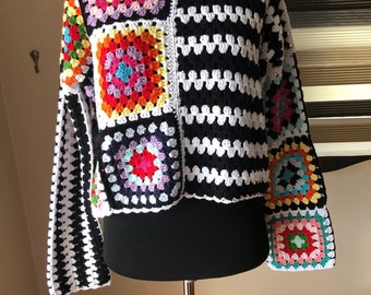Patchwork Crochet Pullover Sweater, Handmade Granny Square Pullover Sweater, Bohemian Patchwork Pullover Sweater