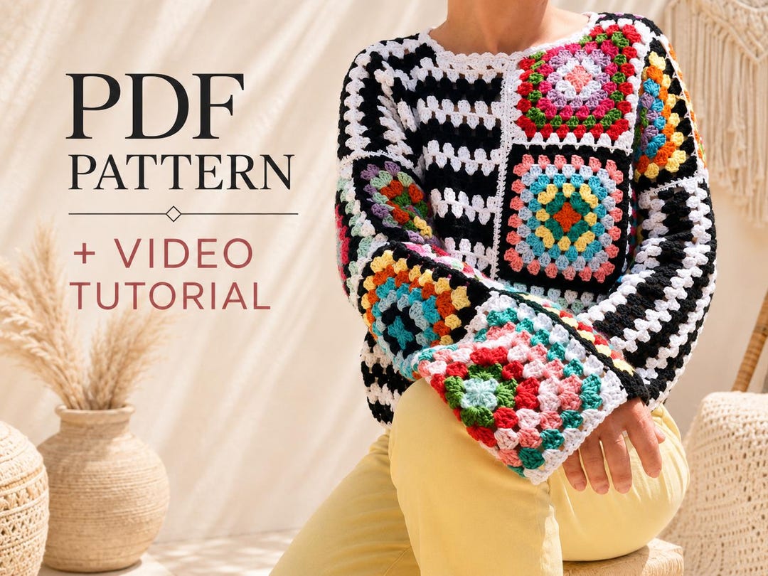 Crochet Granny Square Sweater Pattern | Boho Patchwork Pullover (PDF ...
