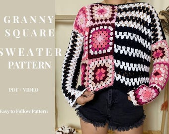 Patrón de suéter cuadrado de ganchillo estilo abuela / Jersey de patchwork estilo boho (patrón en PDF)
