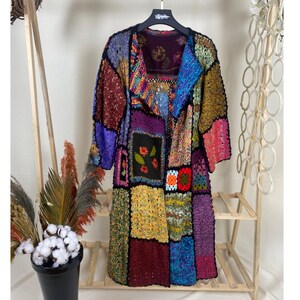 Handmade Patchwork Crochet Cardigan - Colorful Boho Hippie Style Long Jacket with Square Flower Motifs, Artisan Knitwear Coat