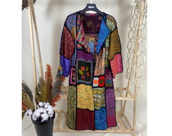 Handmade Patchwork Crochet Cardigan - Colorful Boho Hippie Style Long Jacket with Square Flower Motifs, Artisan Knitwear Coat