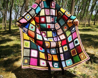 Granny Square Afghan Coat, Patchwork Jacket, Boho Crochet Coat, Granny Square Crochet Cardigan, Oversized Wool Sweater, Long Hooded Coat