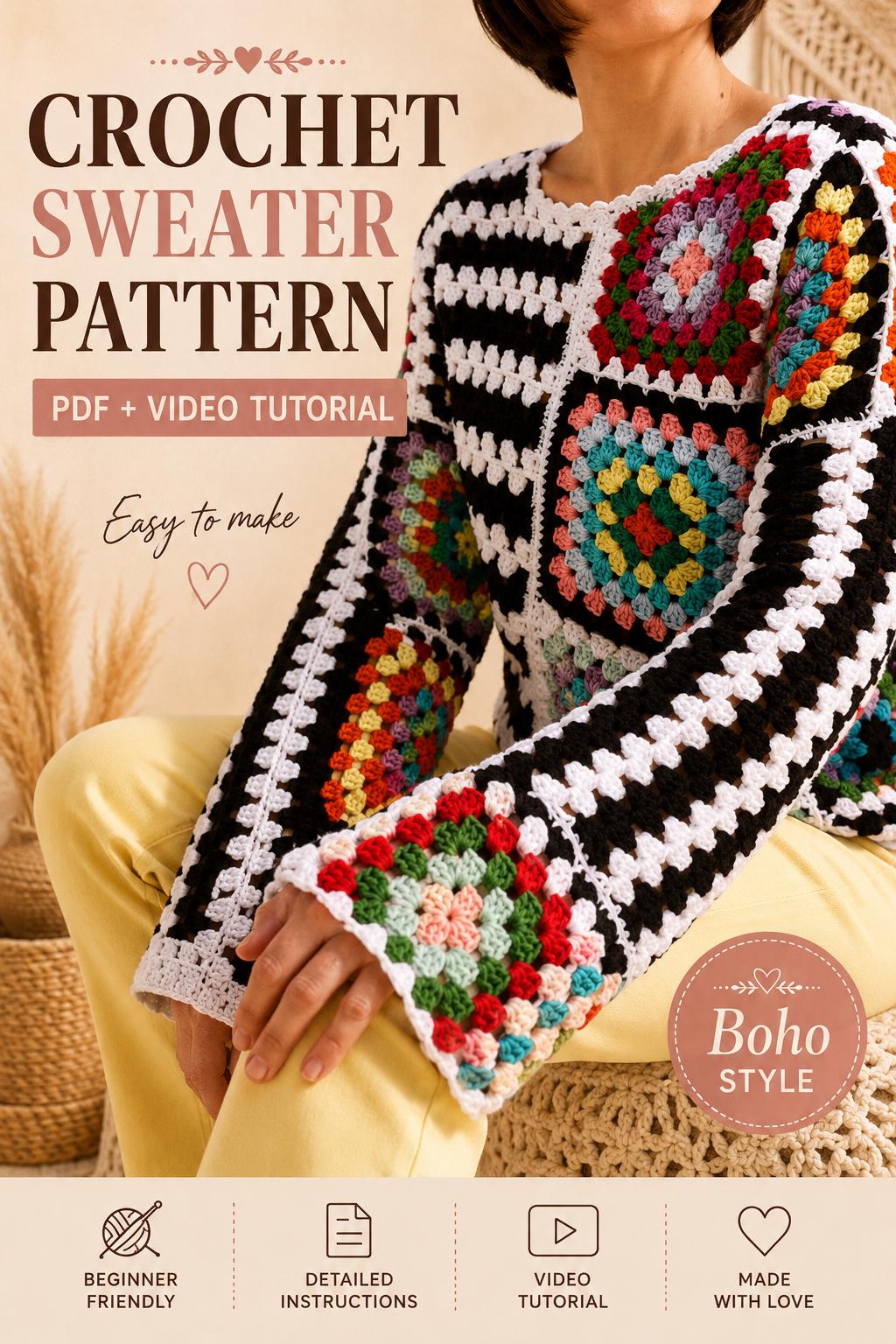 Crochet Granny Square Sweater Pattern | Boho Patchwork Pullover (PDF ...