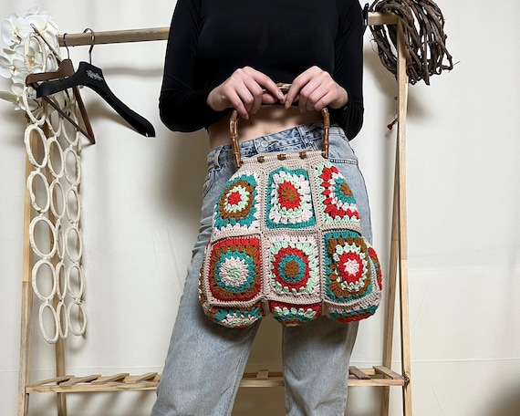 Crochet Tote Bag Vintage Boho Hobo With Wooden Handles Chic