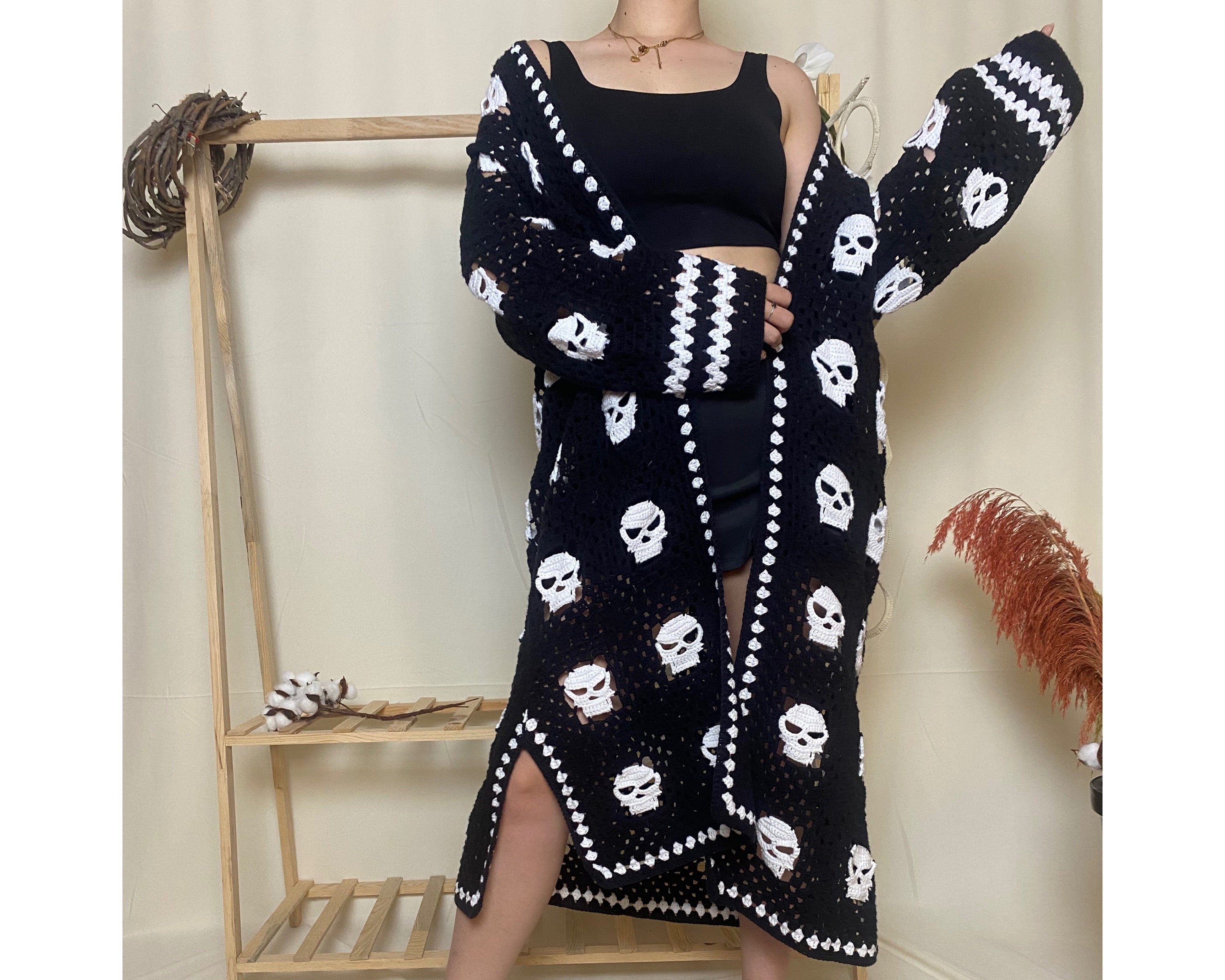 Crochet Halloween Cardigan: Spooky Skull & Ghost Granny Square