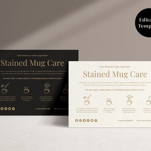 Modèle de carte d&#39;entretien de tasse taché d&#39;or noir avec icônes, guide d&#39;élimination des taches, instructions d&#39;entretien de tasse modifiables, téléchargement immédiat, modèle Canva