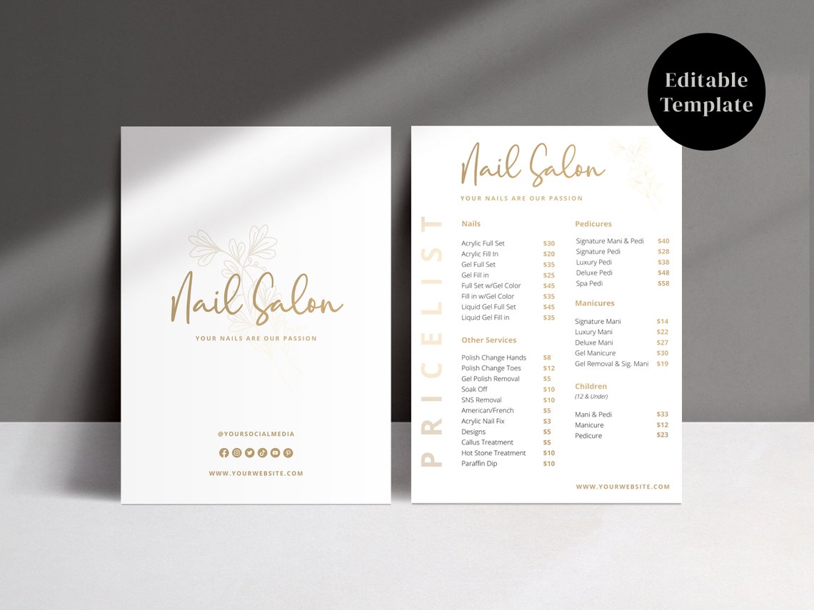 Nail Salon Price List Template Printable Price Sheet - Etsy