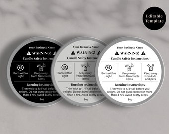 Candle Warning Label Template: Customizable Round Sticker (Canva Template, Instant Download)