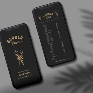 May include: Two black smartphone mockups with a white background. The phone on the left has a gold illustration of scissors and a razor with the text "Barber Shop" and social media icons. The phone on the right has a black background with the text "Barber Shop Pricelist" and a list of services and prices.
